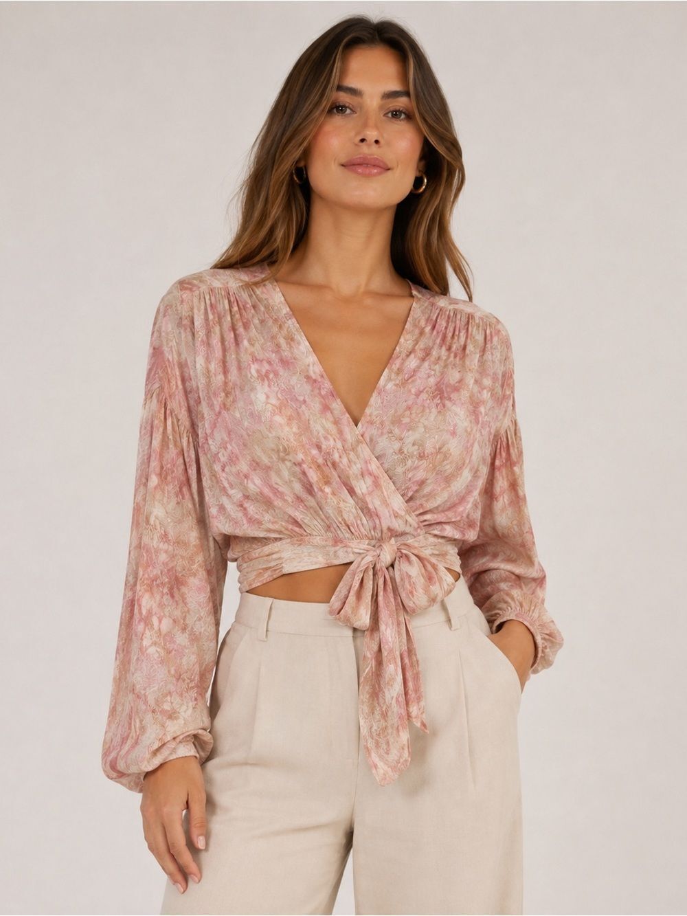 Urban Outfitters Pink Floral Jacquard Wrap Tie Crop Top | Medium